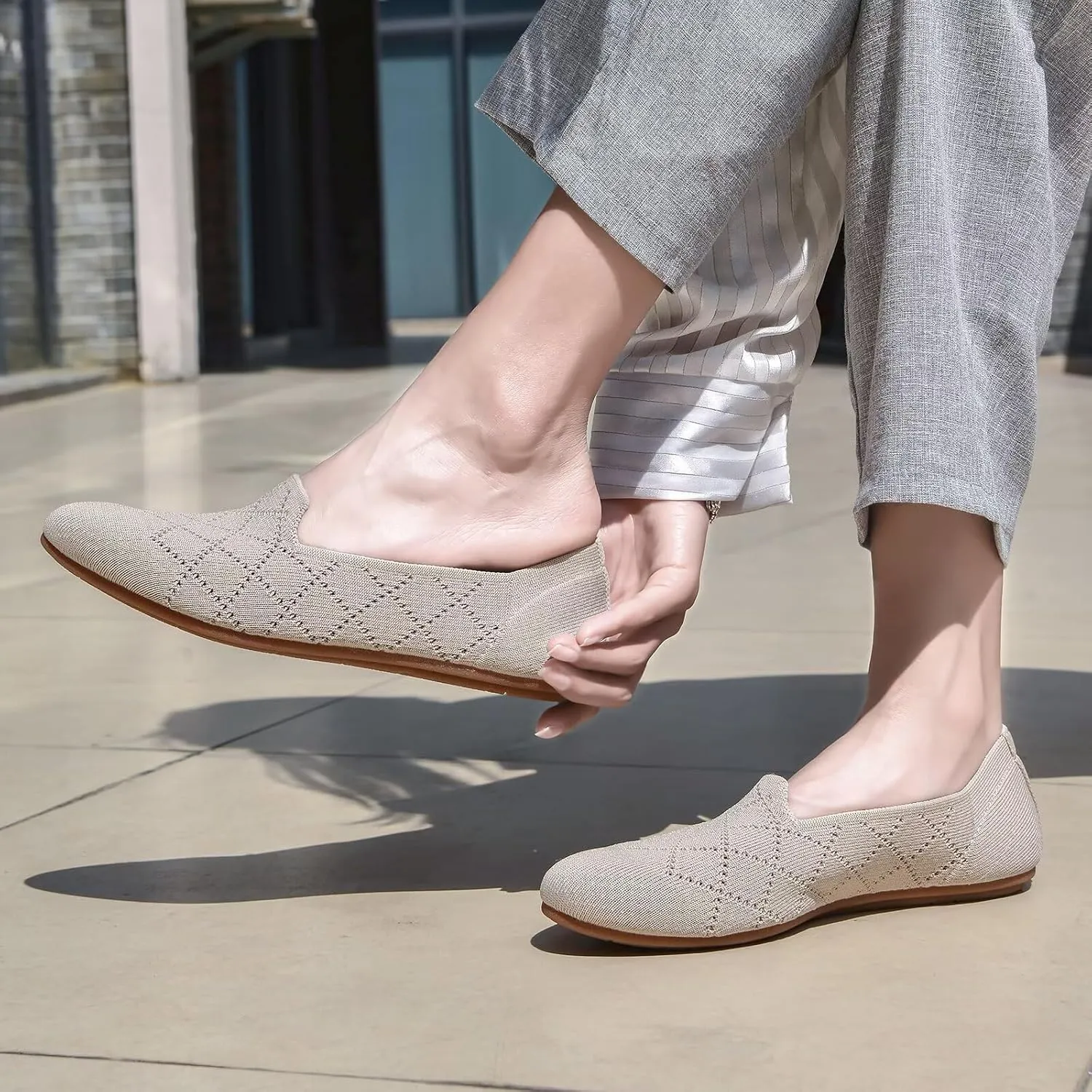 poemlady Women’s Ballet Flat Shoes Dress Shoes Knit Round Toe Slip On Ballerina Walking Flats Shoes for Woman Low Wedge Casual