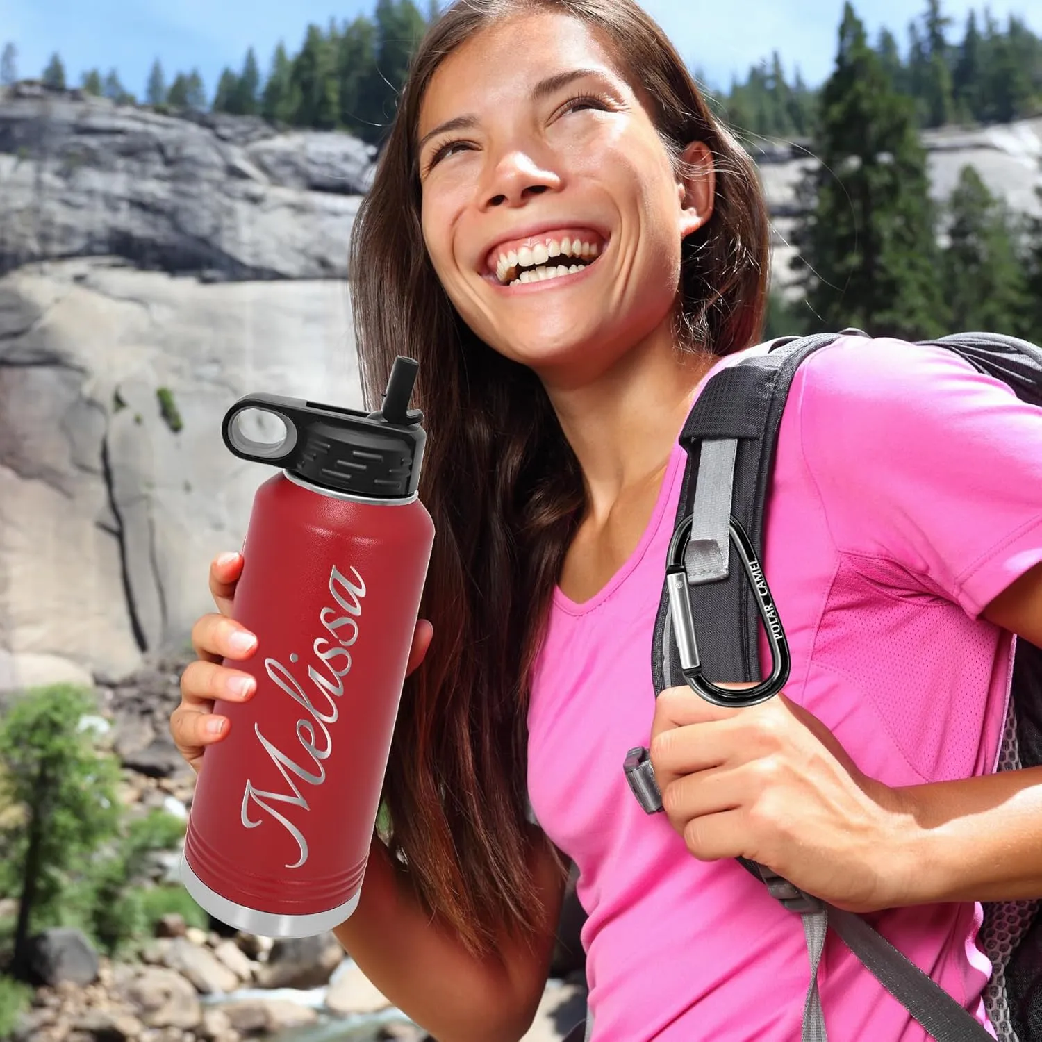 Polar Camel Personalized Water Bottles 32oz with Flip-Top Lid and Straw, Customized Vacuum Insulated Stainless Steel Sports Double Wall Thermos, Your Logo Name and Text Engraved in USA… (Maroon)