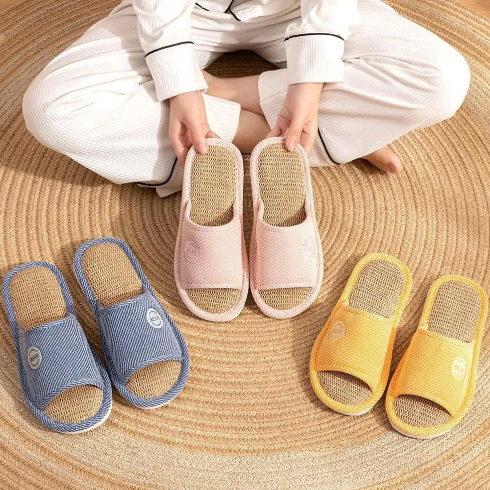 Premium Comfort All Seasons Cushion Sole Linen Bear Open Toe Women's House Slippers Indoor Soft Home Slip On Shoes