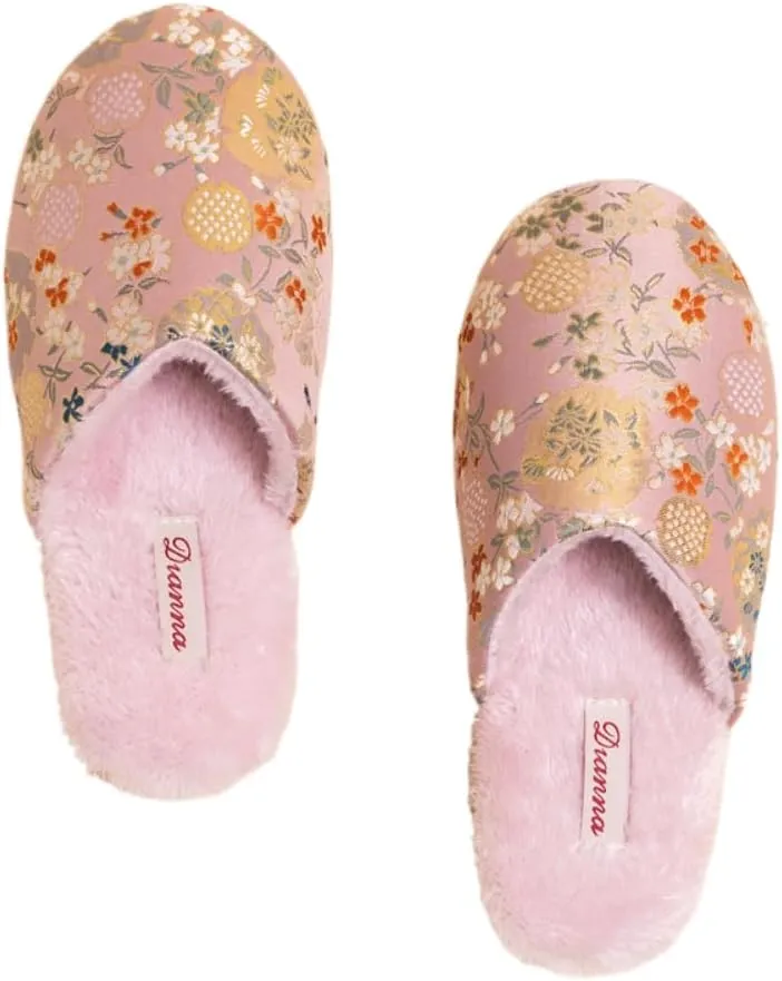 Premium Luxury Satin Silk Royal Embroidery All Seasons Comfort Women's House Slippers Furry Indoor Soft Home Slip On Shoes