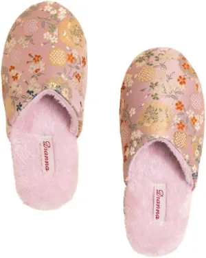 Premium Luxury Satin Silk Royal Embroidery All Seasons Comfort Women's House Slippers Furry Indoor Soft Home Slip On Shoes