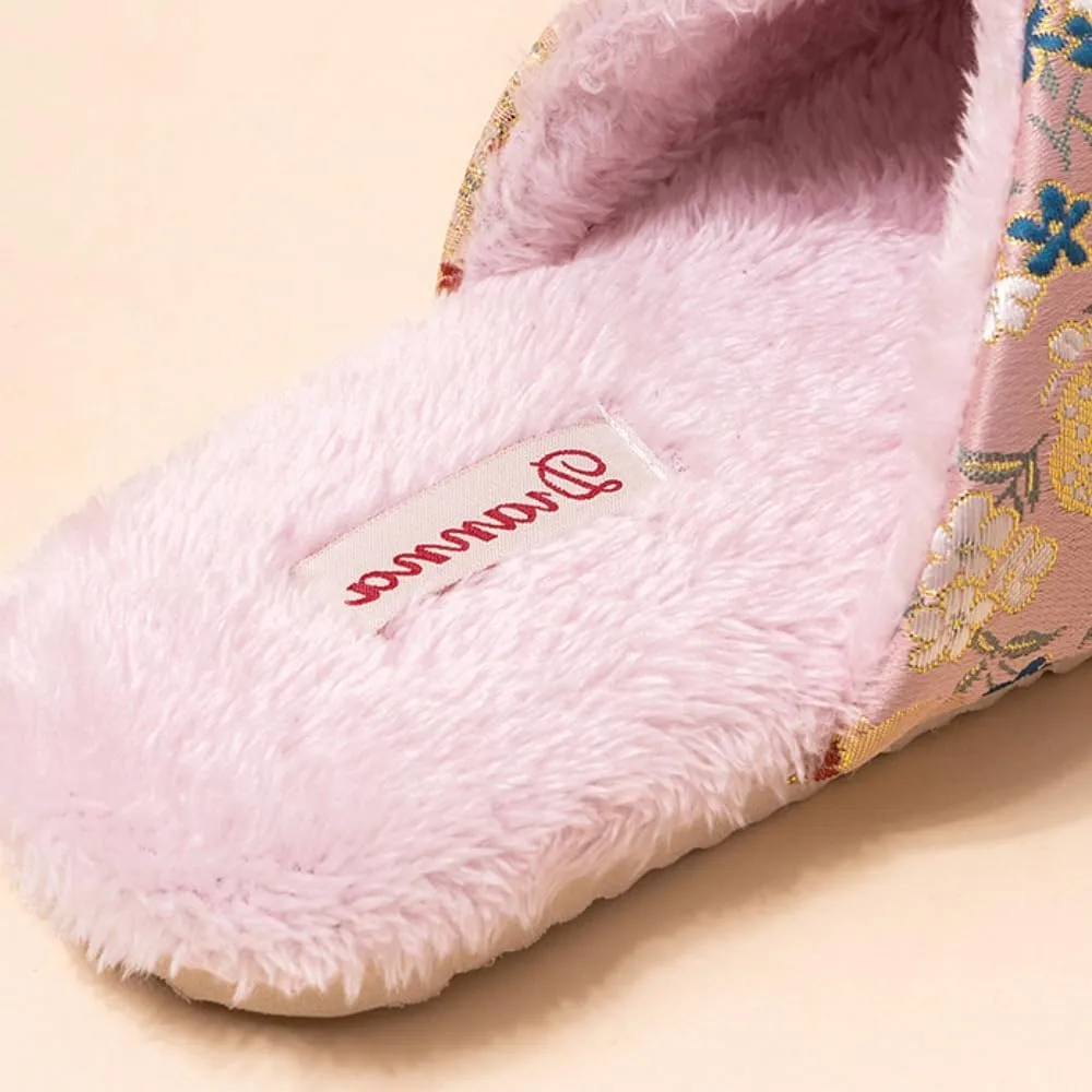 Premium Luxury Satin Silk Royal Embroidery All Seasons Comfort Women's House Slippers Furry Indoor Soft Home Slip On Shoes