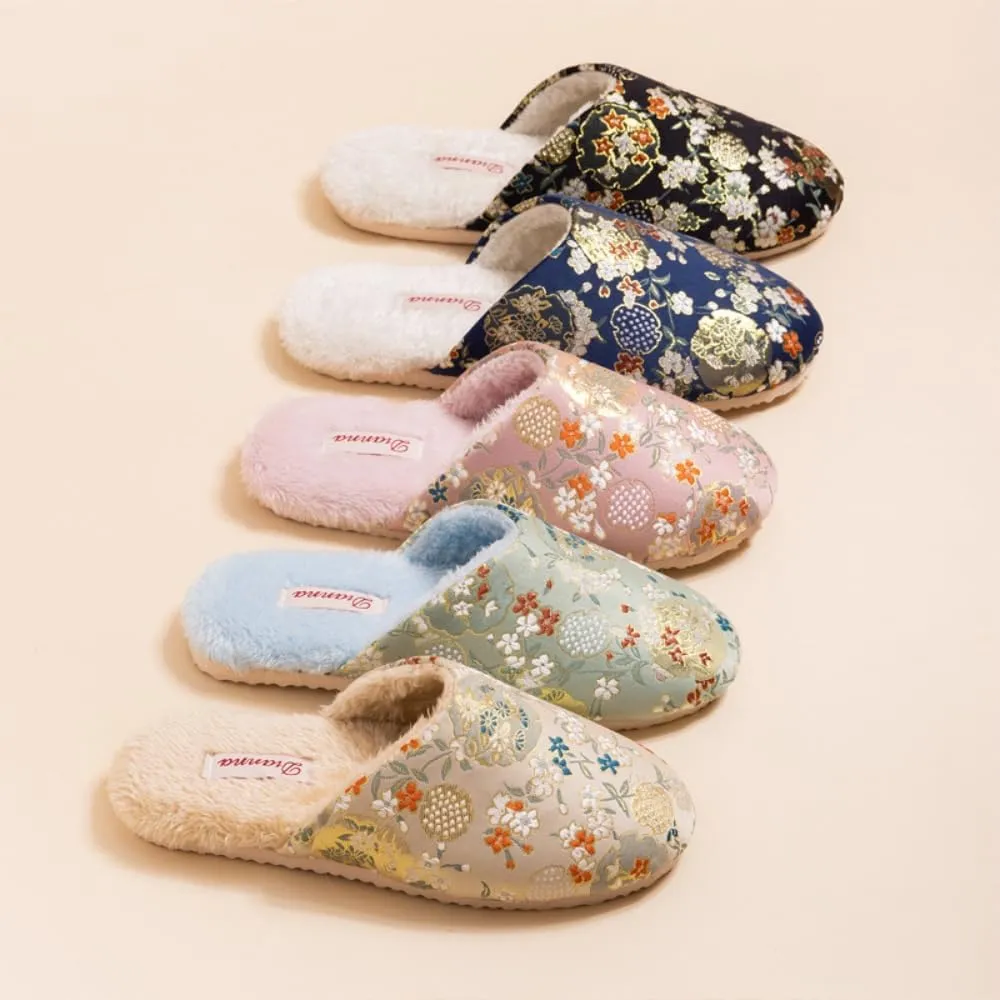 Premium Luxury Satin Silk Royal Embroidery All Seasons Comfort Women's House Slippers Furry Indoor Soft Home Slip On Shoes