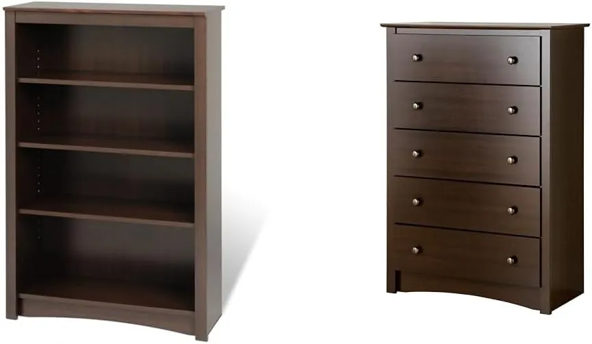 Prepac Home Espresso 4-Shelf Bookcase and 5-Drawer Chest Bundle