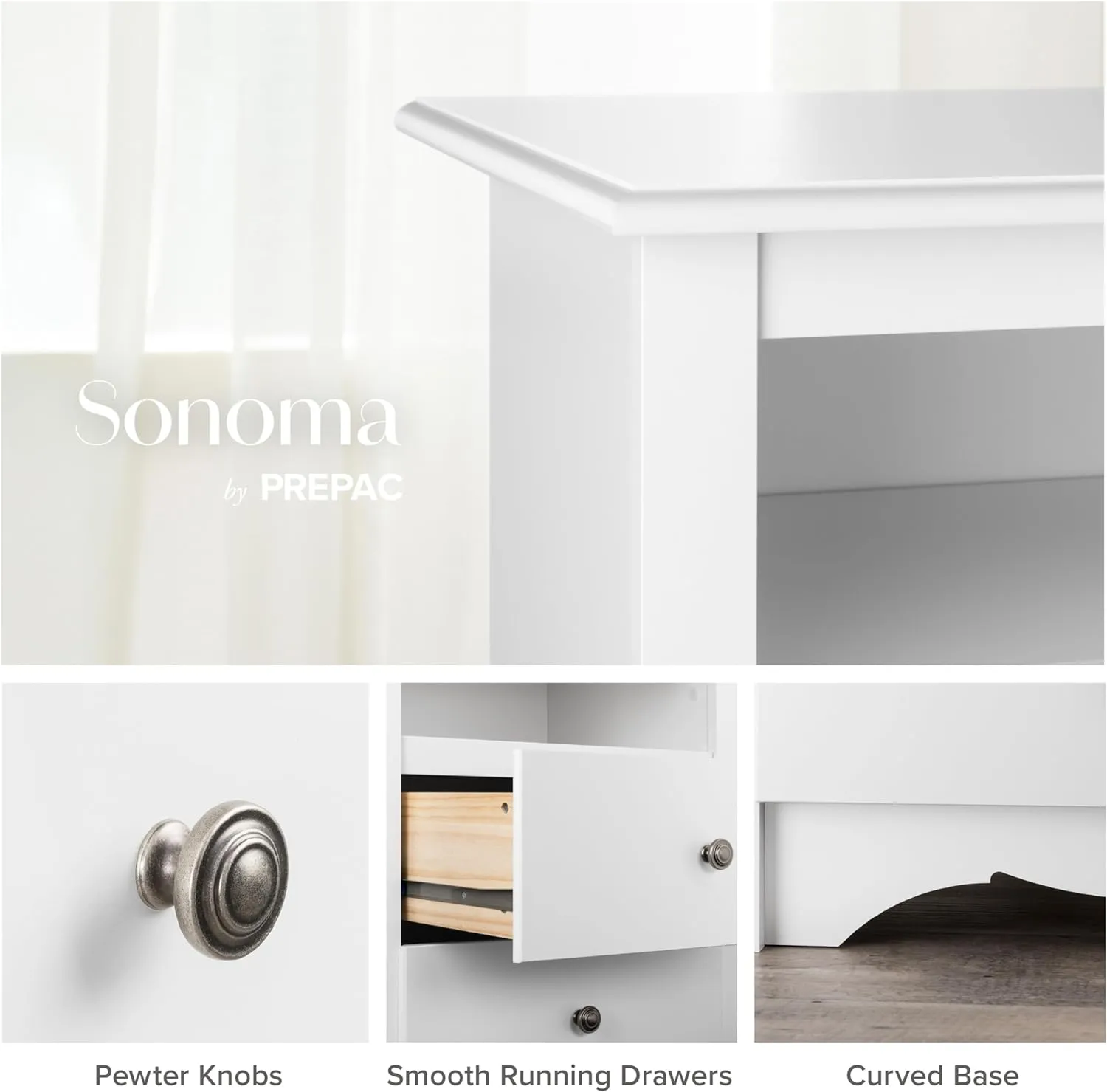 Prepac Sonoma 8 Drawer Double Dresser for Bedroom, Wide Chest of Drawers, Bedroom Furniture, Clothes Storage and Organizer, 17.25" D x 59" W x 37" H, White
