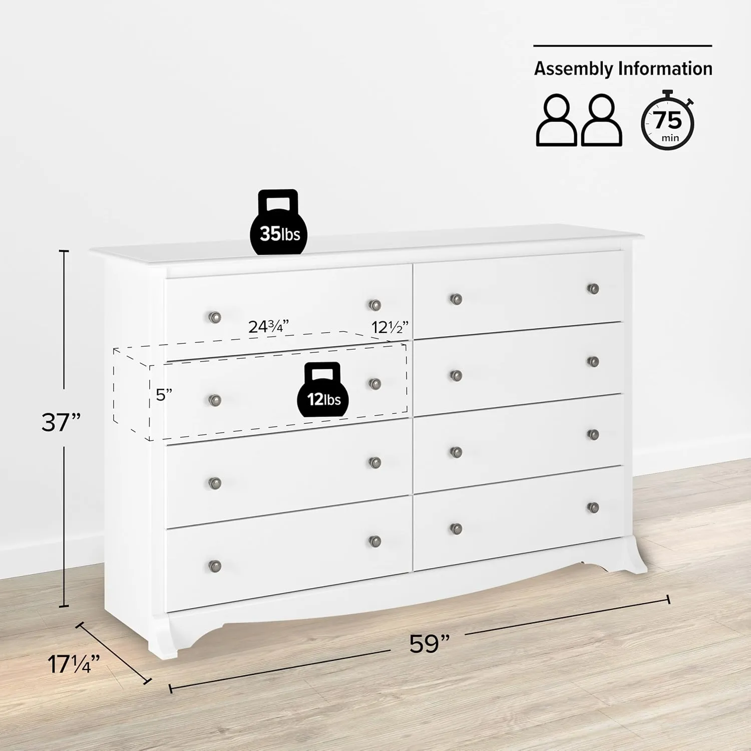 Prepac Sonoma 8 Drawer Double Dresser for Bedroom, Wide Chest of Drawers, Bedroom Furniture, Clothes Storage and Organizer, 17.25" D x 59" W x 37" H, White