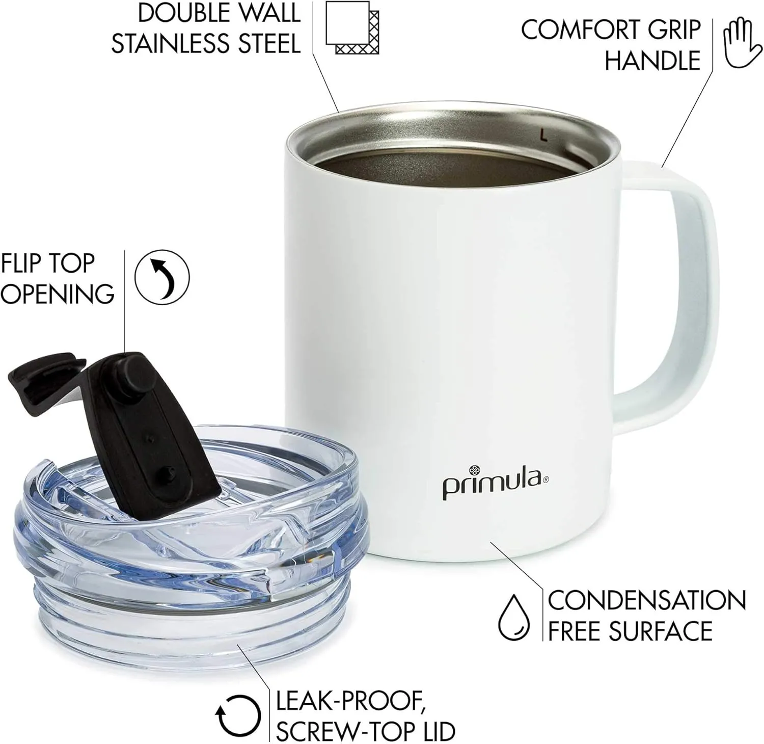 Primula 14 Ounce Coffee Mug, Vacuum Insulated Stainless Steel Mug with Leak Proof Lid, Double Wall Travel Tumbler Cup Thermos, Keep Drinks Hot or Cold, White
