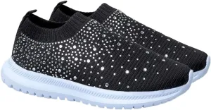 Rhinestone Slip On Sneakers Breathable Sock Shoes Mesh Walking Running Sports Shoes Black