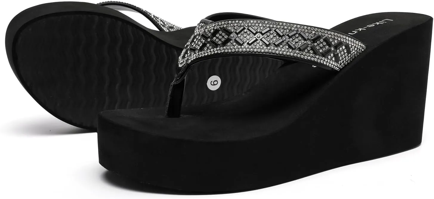 Rhinestone Wedge Sandals for Women Platform Flip Flops Wedge flip flops Wedding shoes Wedge Heels for Women Dressy