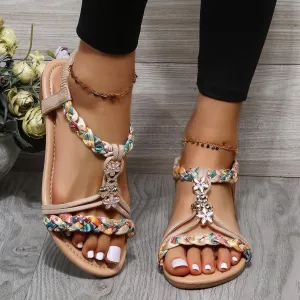 Rhinestones Sandals for Women Dressy 2025 Wedding Summer Flat Casual Summer Rhinestone Beaded Sparkly Bling Bohemian Lace Flower Sandal Comfortable Elastic Ankle Strap Beach Shoes