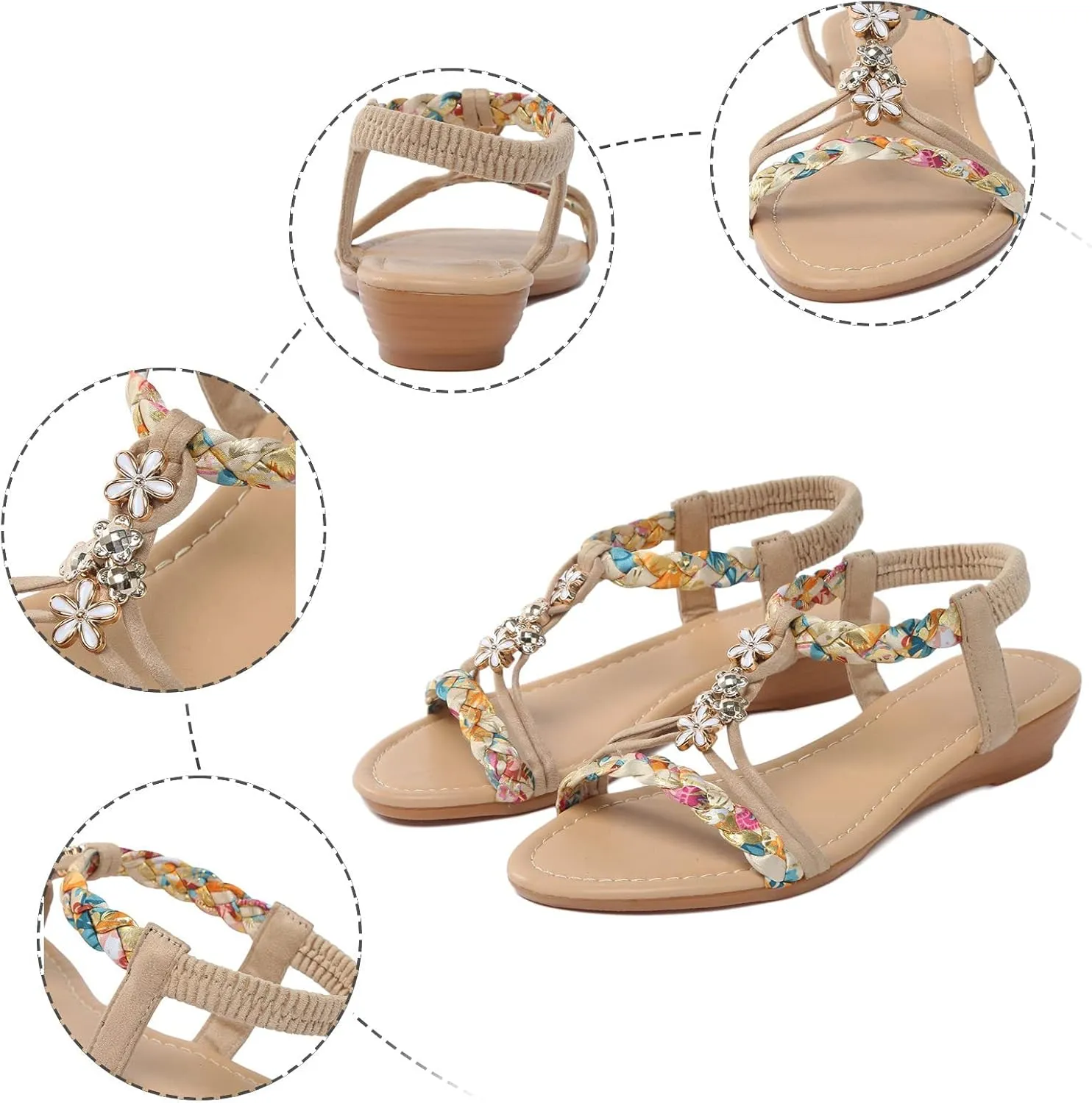 Rhinestones Sandals for Women Dressy 2025 Wedding Summer Flat Casual Summer Rhinestone Beaded Sparkly Bling Bohemian Lace Flower Sandal Comfortable Elastic Ankle Strap Beach Shoes