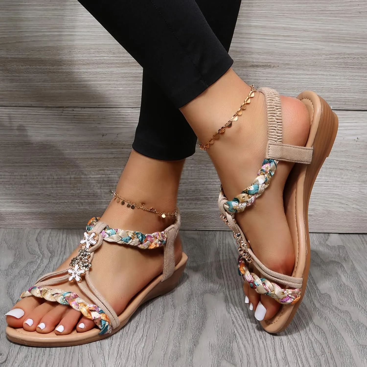 Rhinestones Sandals for Women Dressy 2025 Wedding Summer Flat Casual Summer Rhinestone Beaded Sparkly Bling Bohemian Lace Flower Sandal Comfortable Elastic Ankle Strap Beach Shoes