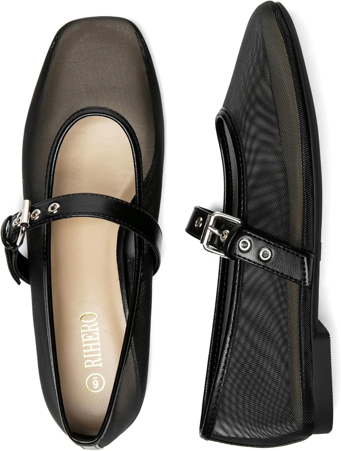 Rihero Mesh Ballet Flats for Women Square Toe Buckle Strap Mary Jane Flats Comfortable Casual Ballerina Shoes