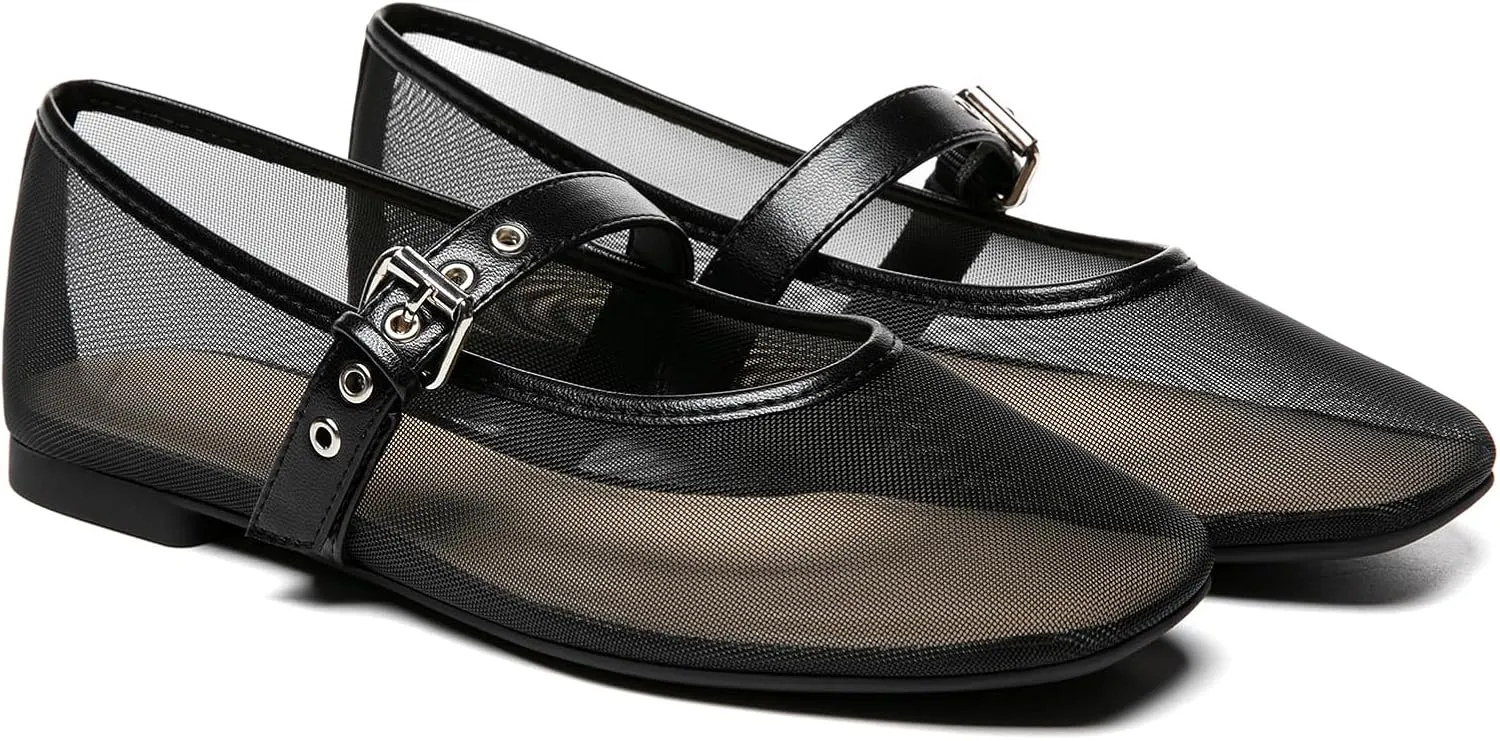 Rihero Mesh Ballet Flats for Women Square Toe Buckle Strap Mary Jane Flats Comfortable Casual Ballerina Shoes