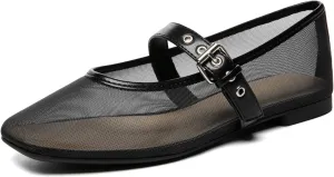 Rihero Mesh Ballet Flats for Women Square Toe Buckle Strap Mary Jane Flats Comfortable Casual Ballerina Shoes