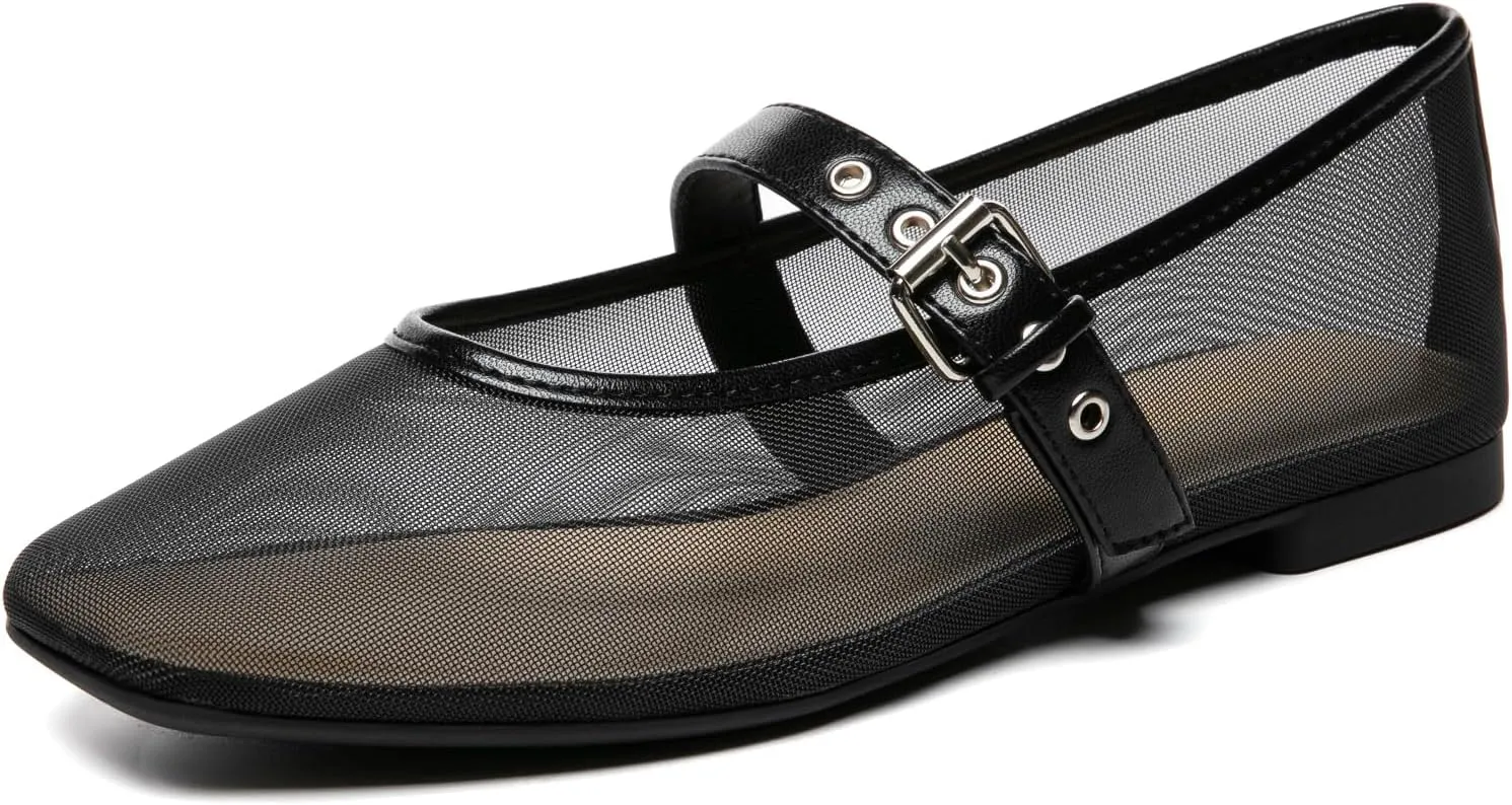 Rihero Mesh Ballet Flats for Women Square Toe Buckle Strap Mary Jane Flats Comfortable Casual Ballerina Shoes