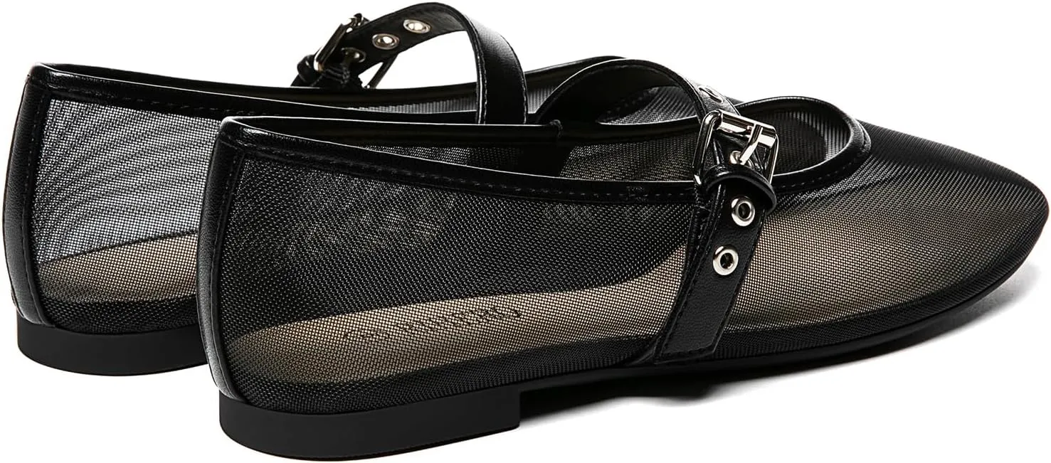 Rihero Mesh Ballet Flats for Women Square Toe Buckle Strap Mary Jane Flats Comfortable Casual Ballerina Shoes