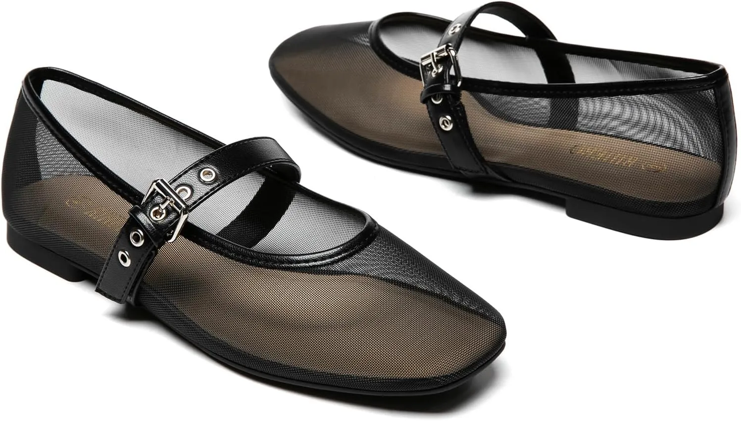 Rihero Mesh Ballet Flats for Women Square Toe Buckle Strap Mary Jane Flats Comfortable Casual Ballerina Shoes