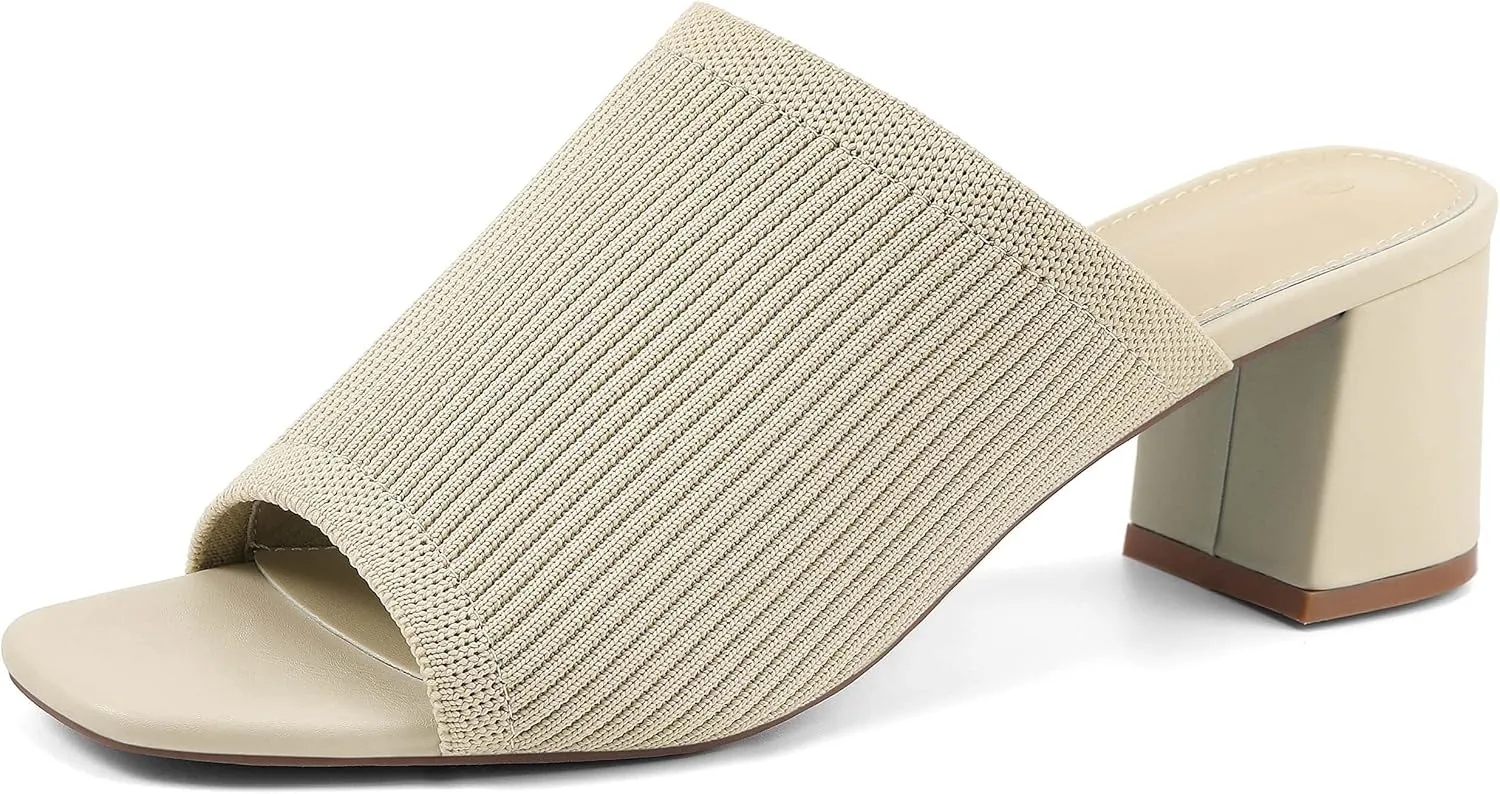 Rilista Women's Open Toe Heeled Mules Block Heels Sandals Knit Chunky Square Heels Slip On Breathable Slides Sandal