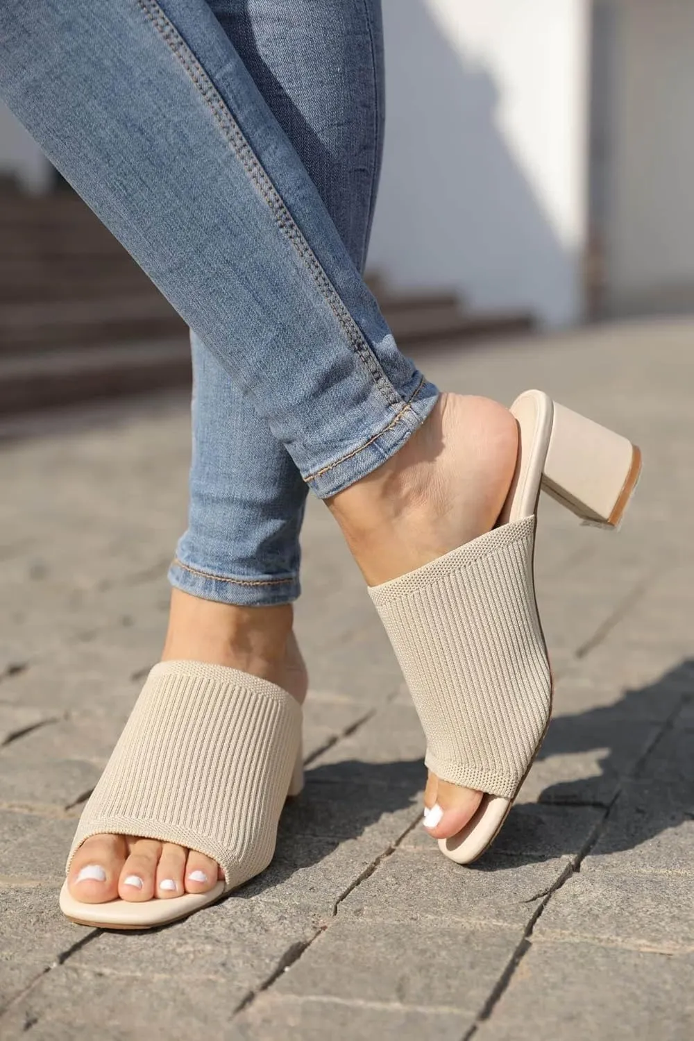 Rilista Women's Open Toe Heeled Mules Block Heels Sandals Knit Chunky Square Heels Slip On Breathable Slides Sandal