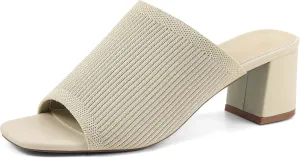 Rilista Women's Open Toe Heeled Mules Block Heels Sandals Knit Chunky Square Heels Slip On Breathable Slides Sandal