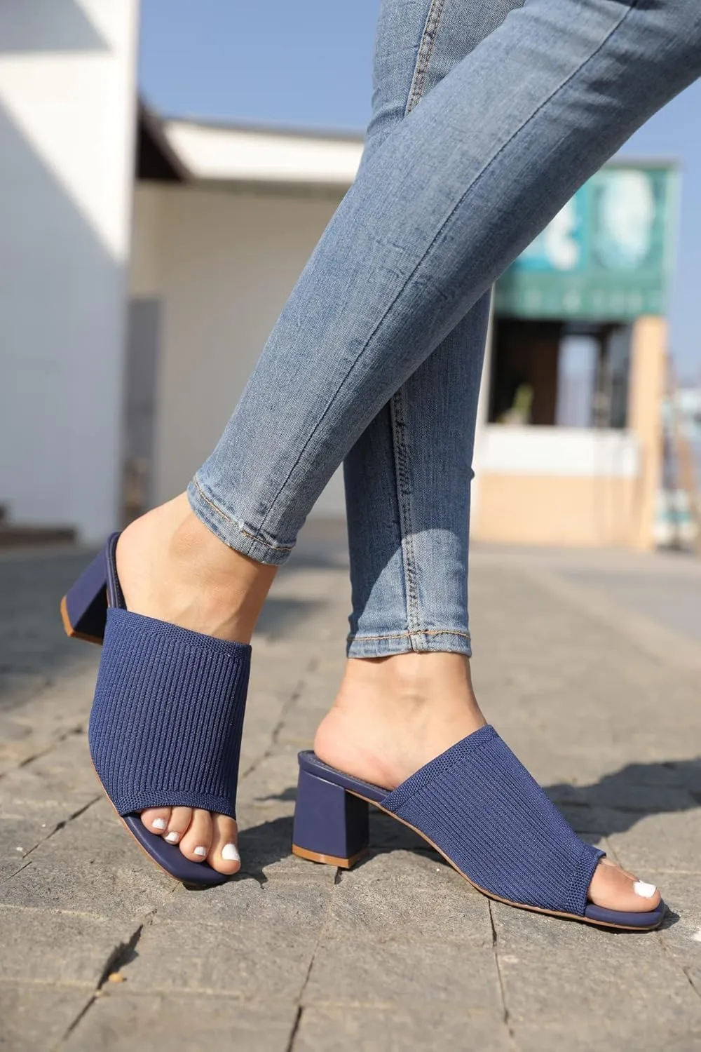 Rilista Women's Open Toe Heeled Mules Block Heels Sandals Knit Chunky Square Heels Slip On Breathable Slides Sandal