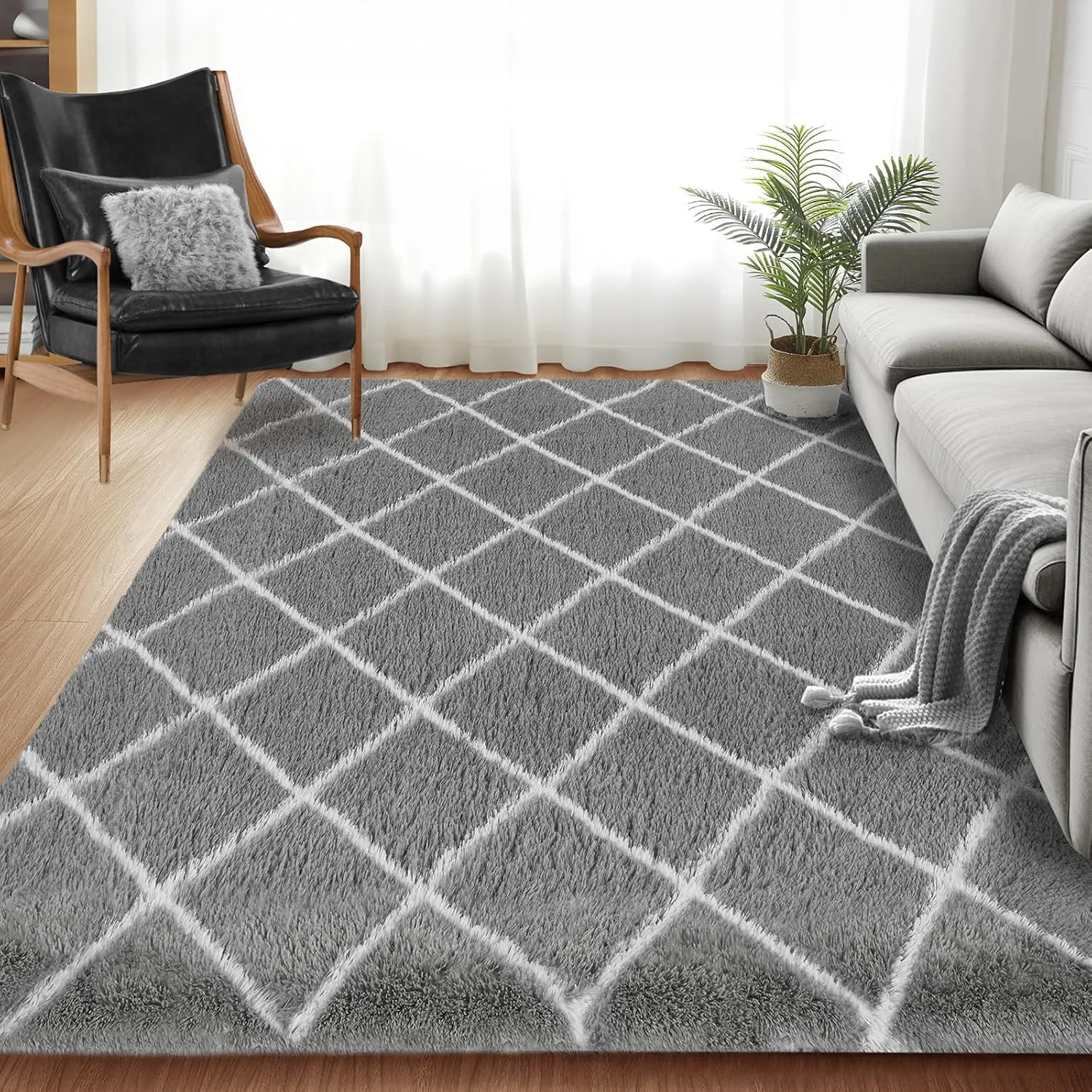 Rug Fluffy Rug for Bedroom, Super Soft Rug, 5X7Feet Stripe Checkered Rug Anti-Skid High Pile for Living Room Bedroom Kids Room Nursery, Dorm Home Decor