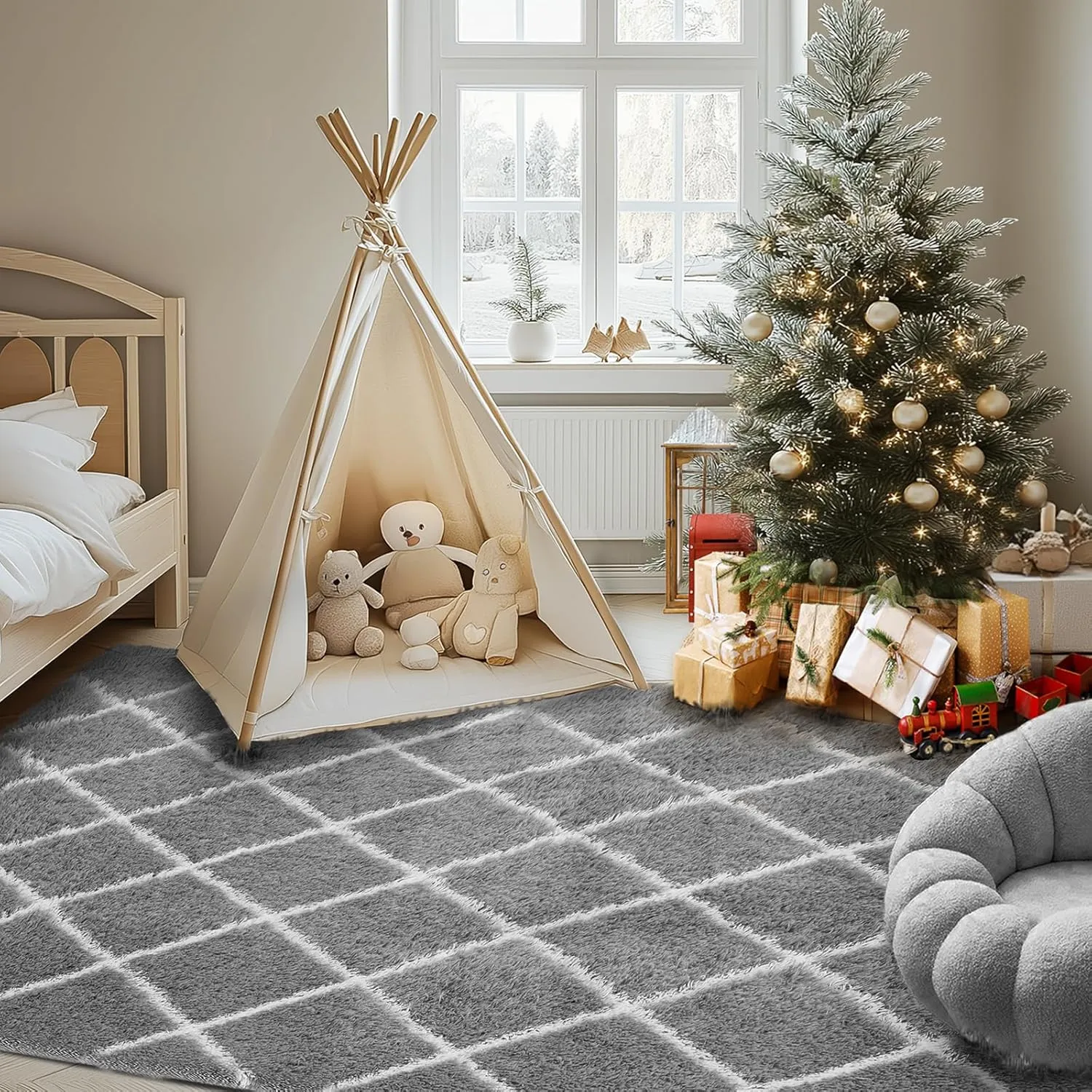 Rug Fluffy Rug for Bedroom, Super Soft Rug, 5X7Feet Stripe Checkered Rug Anti-Skid High Pile for Living Room Bedroom Kids Room Nursery, Dorm Home Decor