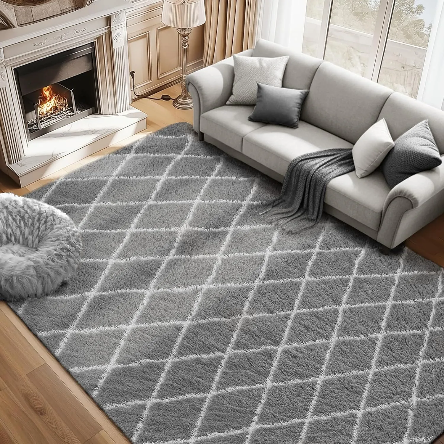 Rug Fluffy Rug for Bedroom, Super Soft Rug, 5X7Feet Stripe Checkered Rug Anti-Skid High Pile for Living Room Bedroom Kids Room Nursery, Dorm Home Decor