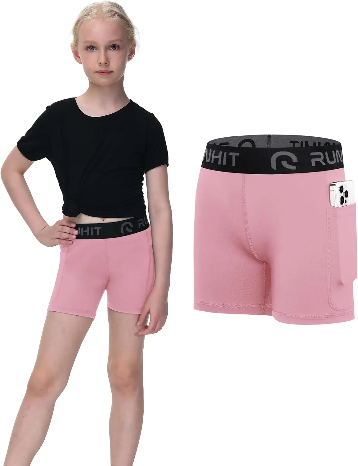 Runhit 4" Youth Girls Volleyball Shorts Spandex Girls Compression Shorts Biker Dance Kids Gymnastics Shorts with Pockets