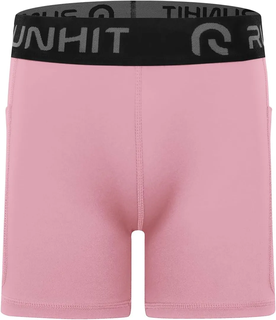 Runhit 4" Youth Girls Volleyball Shorts Spandex Girls Compression Shorts Biker Dance Kids Gymnastics Shorts with Pockets