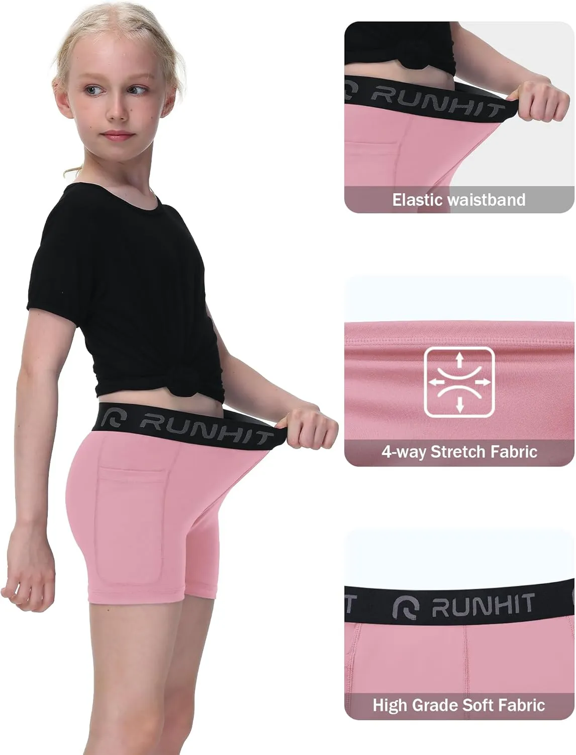 Runhit 4" Youth Girls Volleyball Shorts Spandex Girls Compression Shorts Biker Dance Kids Gymnastics Shorts with Pockets