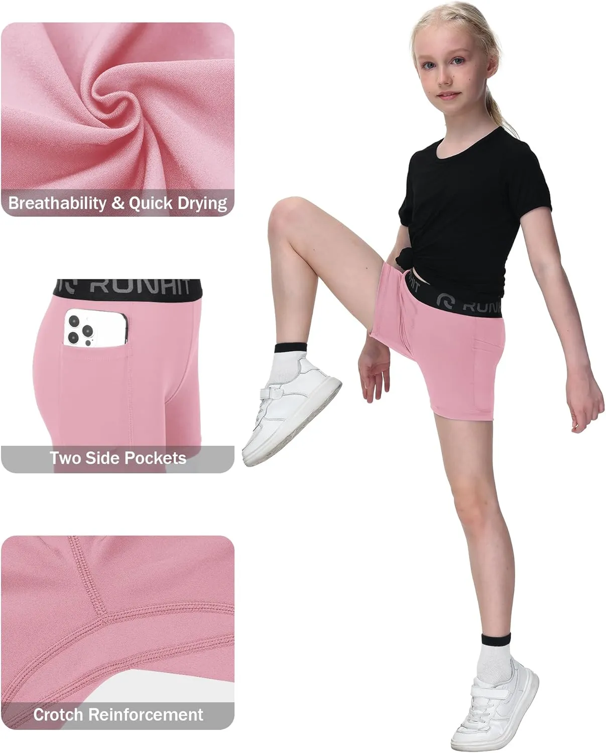 Runhit 4" Youth Girls Volleyball Shorts Spandex Girls Compression Shorts Biker Dance Kids Gymnastics Shorts with Pockets