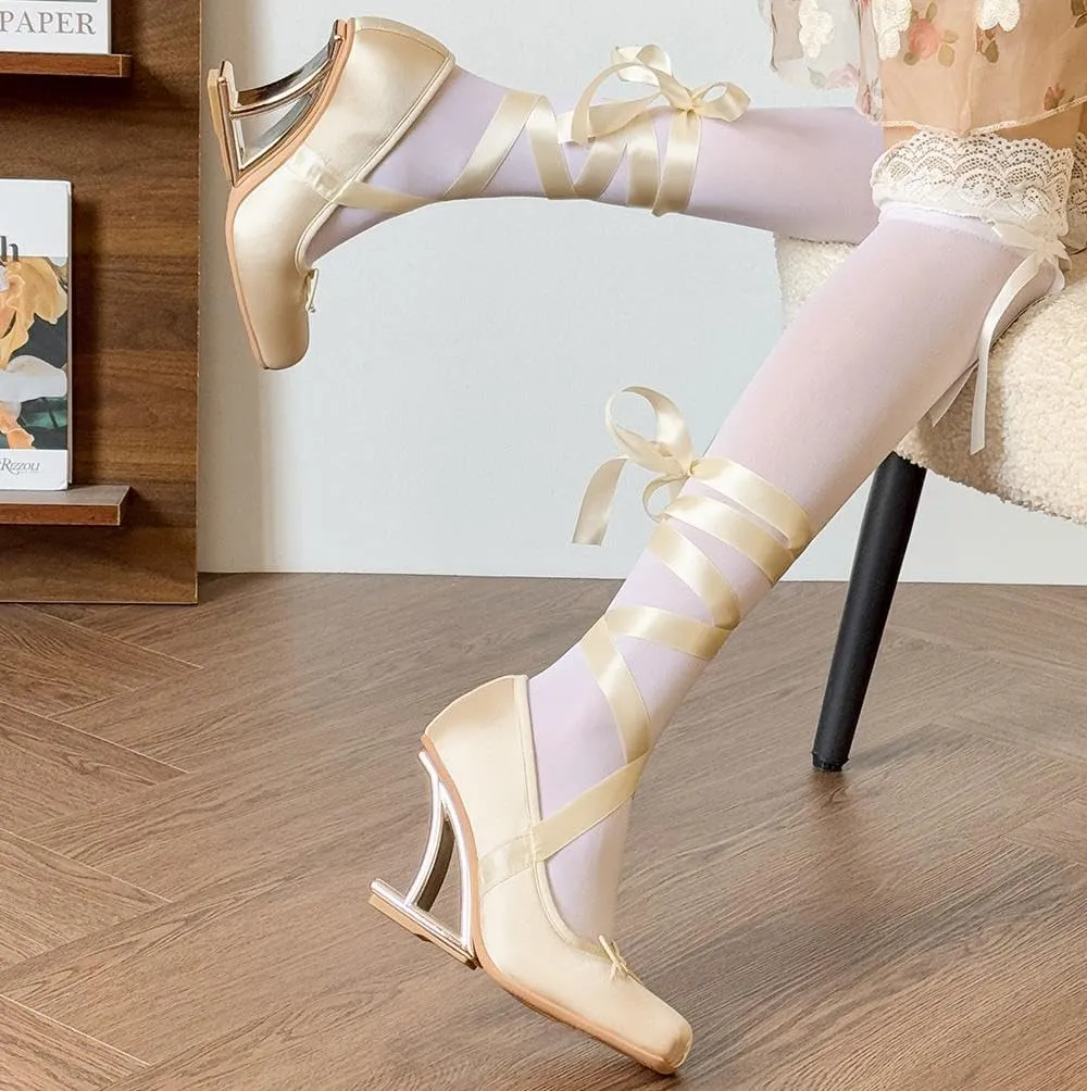RZDYSQ Satin Ballet Heels for Women Bow Closed Square Toe Ballet Womens Cute Goth Lolita Cosplay Shoes Buckle Mary-Jane Square-Toe Wedge