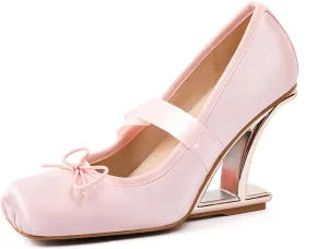 RZDYSQ Satin Ballet Heels for Women Bow Closed Square Toe Ballet Womens Cute Goth Lolita Cosplay Shoes Buckle Mary-Jane Square-Toe Wedge