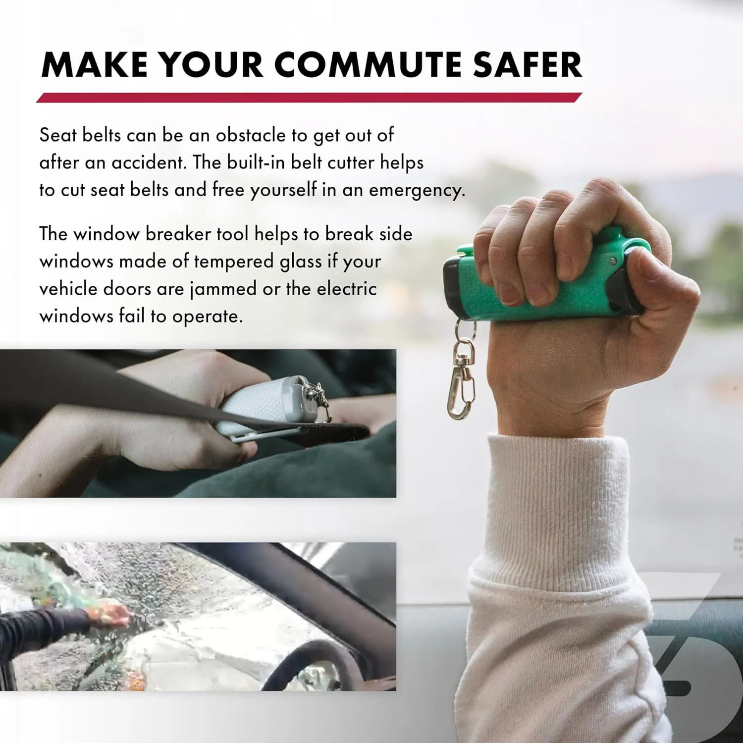 SABRE Safe Escape 3-In-1 Pepper Gel With Seat Belt Cutter & Window Breaker, Maximum Strength Pepper Spray, Snap Clip Keychain for Easy Carry & Fast Access, 0.54 fl oz, Easy to Use Fast Flip Top Safety