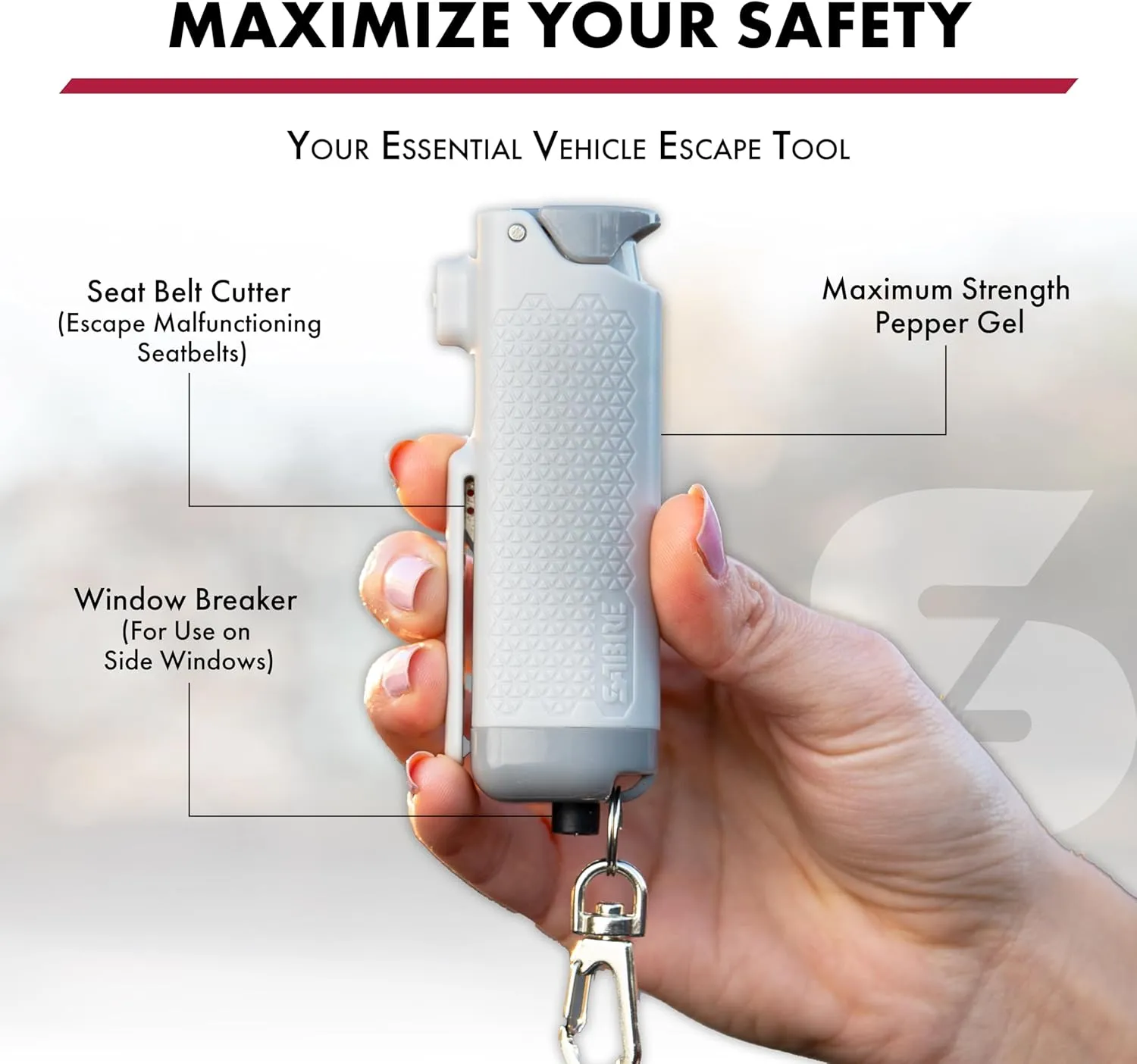SABRE Safe Escape 3-In-1 Pepper Gel With Seat Belt Cutter & Window Breaker, Maximum Strength Pepper Spray, Snap Clip Keychain for Easy Carry & Fast Access, 0.54 fl oz, Easy to Use Fast Flip Top Safety