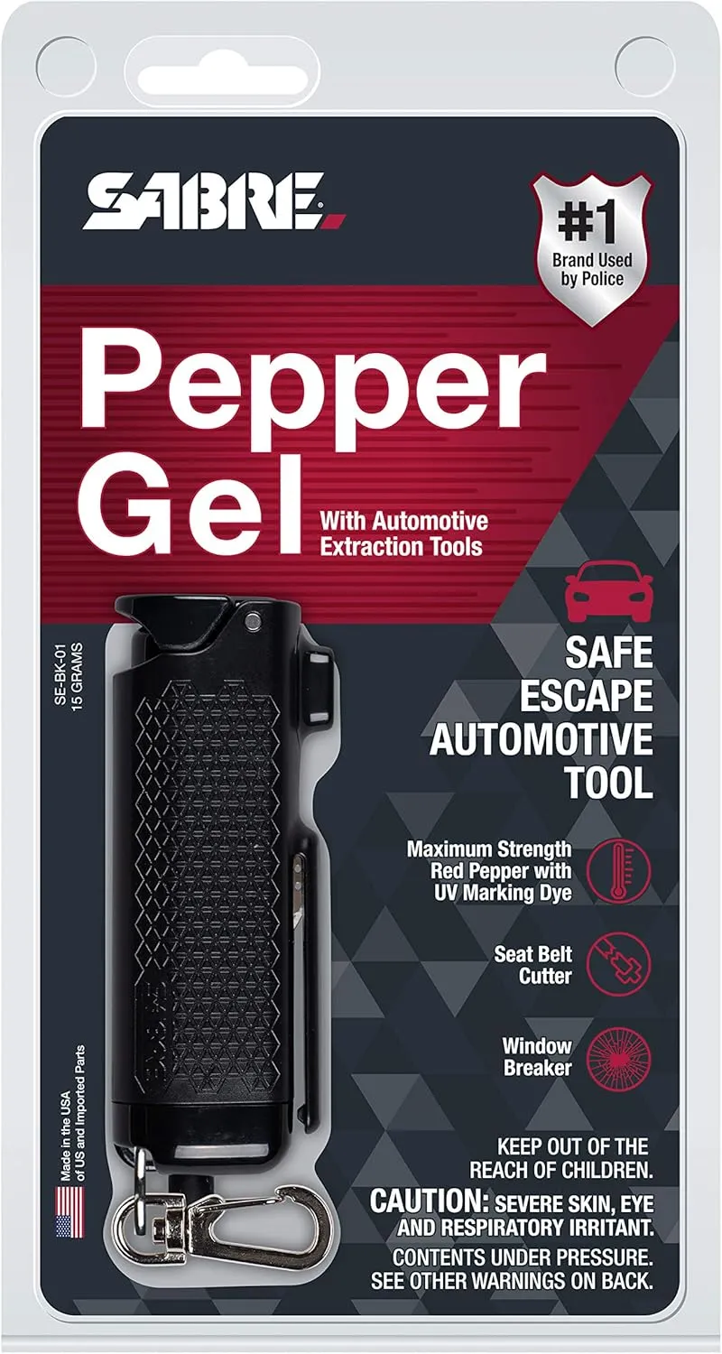 SABRE Safe Escape 3-In-1 Pepper Gel With Seat Belt Cutter & Window Breaker, Maximum Strength Pepper Spray, Snap Clip Keychain for Easy Carry & Fast Access, 0.54 fl oz, Easy to Use Fast Flip Top Safety