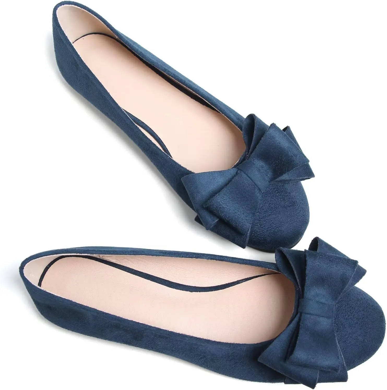 SAILING LU Women's Round Toe Ballerina Shoes Cute Bow Flats Comfortable Soft Suede Slip-ons Solid Color Office Lady Walking Loafers