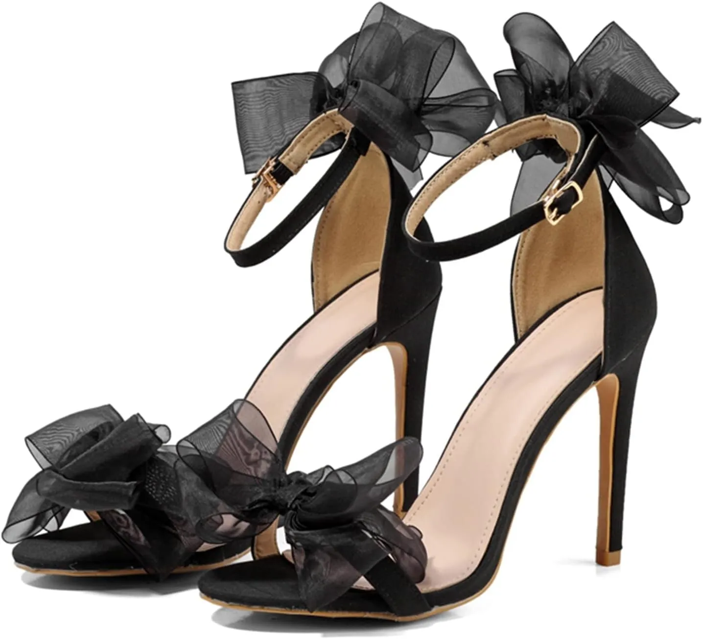 Sandals for Women 2025 Black Tulle Bow High Heels Elegant Night Out Shoes Ankle Strap Party Wear