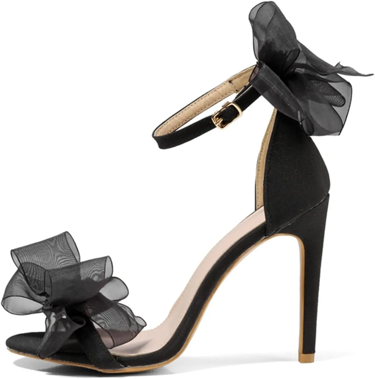 Sandals for Women 2025 Black Tulle Bow High Heels Elegant Night Out Shoes Ankle Strap Party Wear