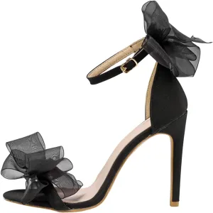 Sandals for Women 2025 Black Tulle Bow High Heels Elegant Night Out Shoes Ankle Strap Party Wear