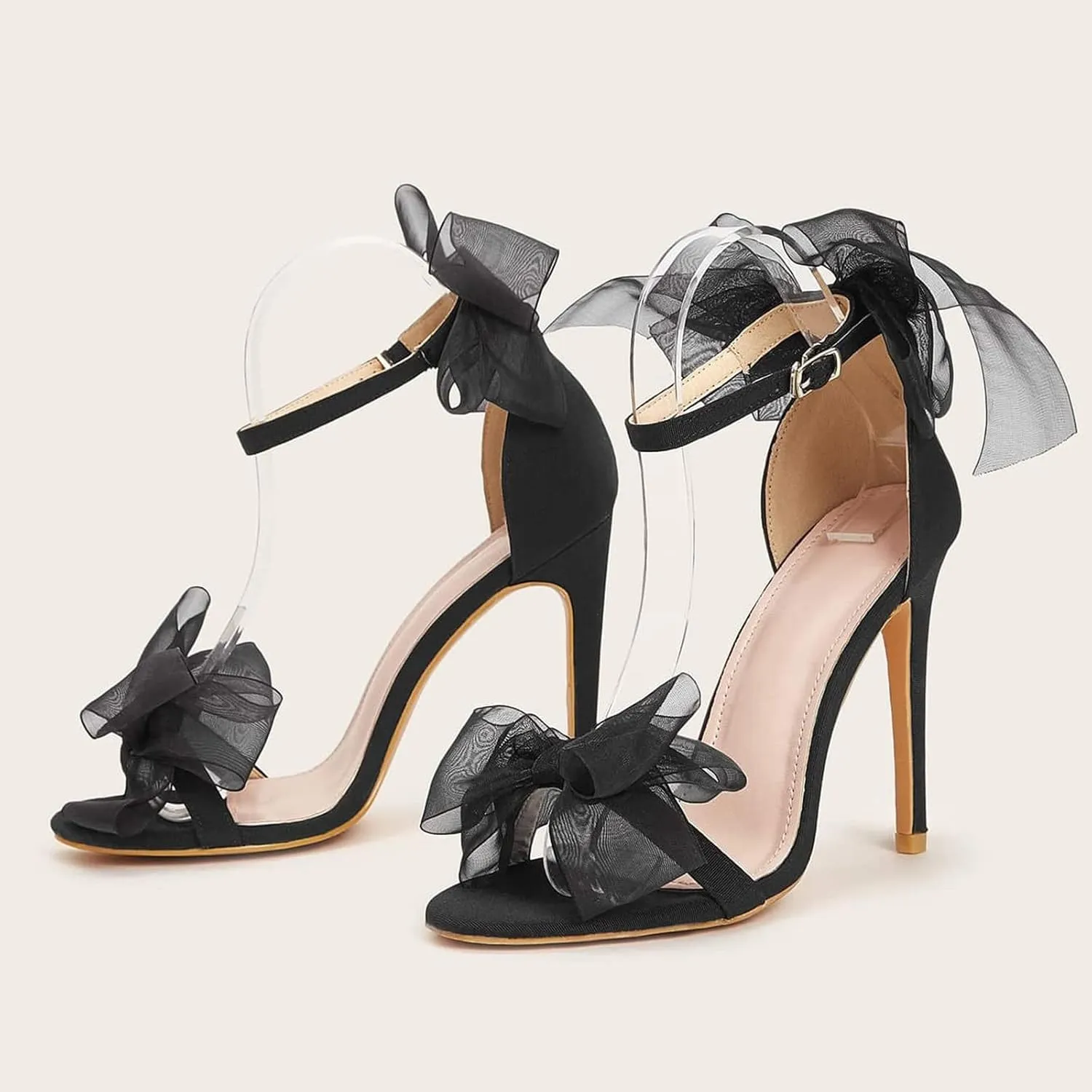 Sandals for Women 2025 Black Tulle Bow High Heels Elegant Night Out Shoes Ankle Strap Party Wear