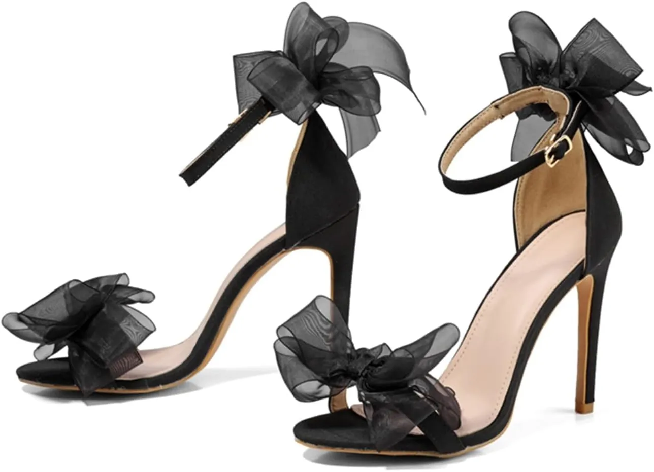 Sandals for Women 2025 Black Tulle Bow High Heels Elegant Night Out Shoes Ankle Strap Party Wear