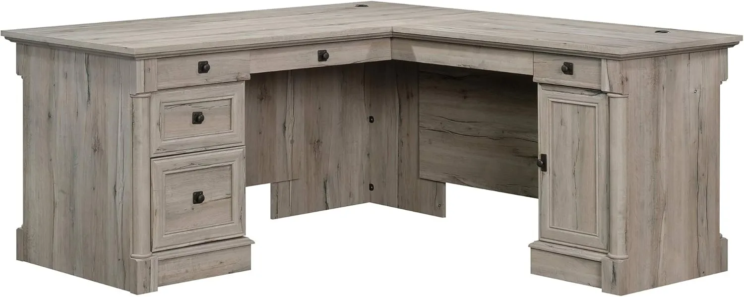 Sauder Palladia L Shaped Desk with Drawers, Office Desk with File Cabinet Storage, Cable Management, Keyboard Tray, in Split Oak finish