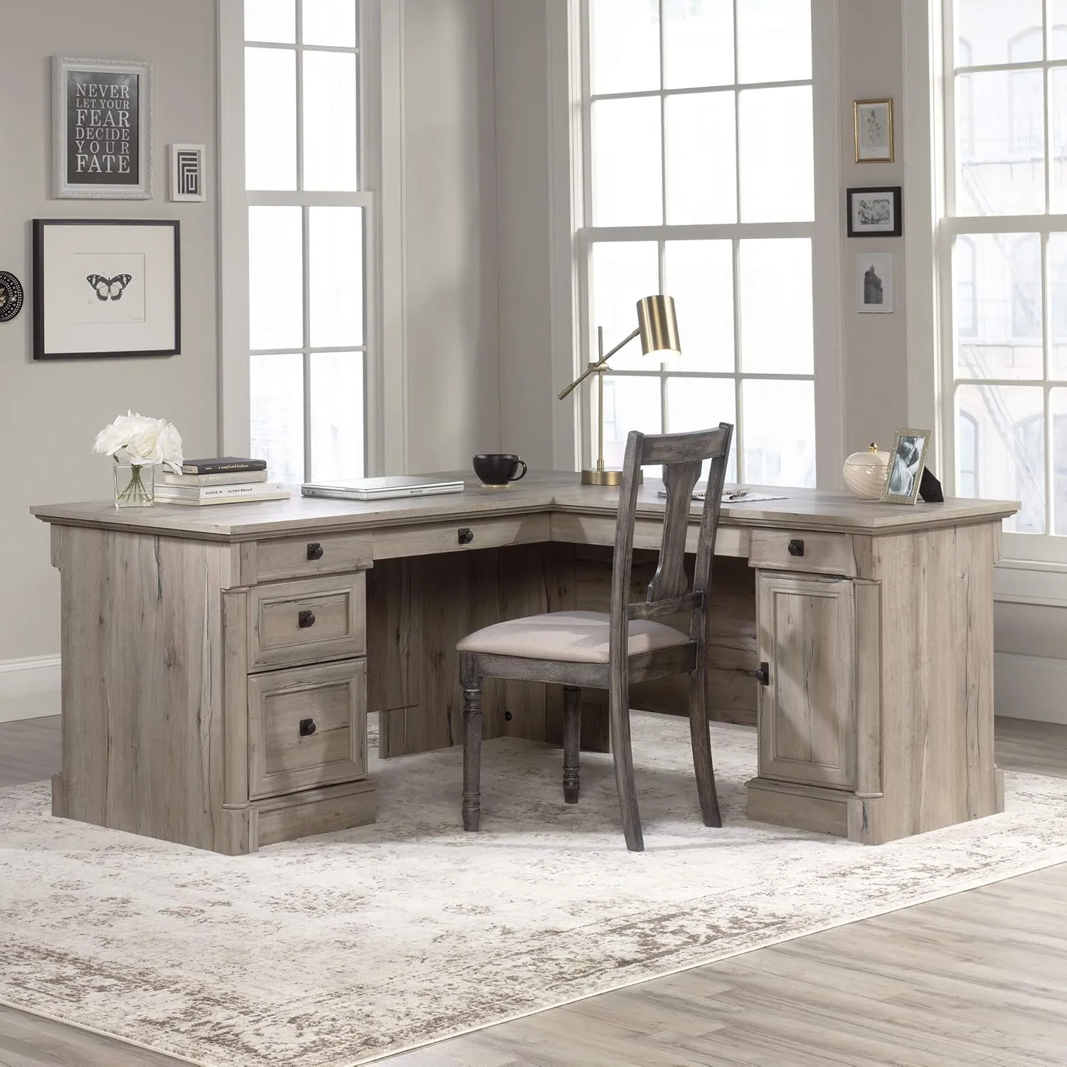 Sauder Palladia L Shaped Desk with Drawers, Office Desk with File Cabinet Storage, Cable Management, Keyboard Tray, in Split Oak finish
