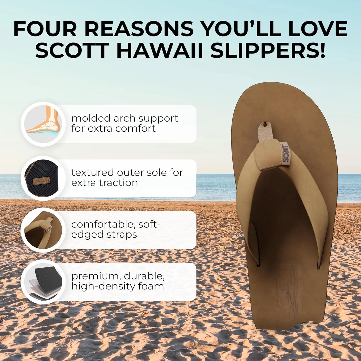 Scott Hawaii Men's Luna Sandal | Leather Flip Flop with Arch Support and Heel Cup