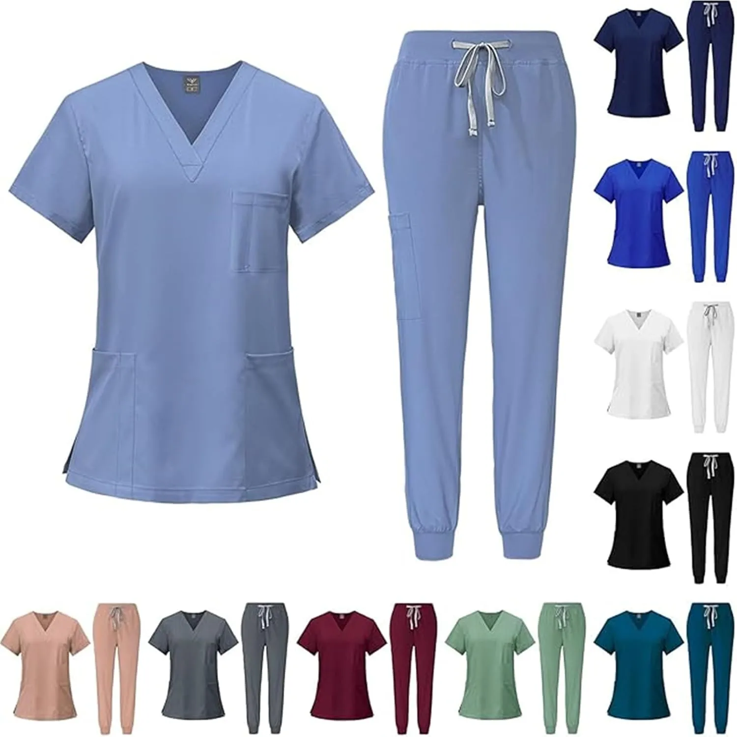 Scrubs for Women Set Stretch V-Neck Scrub Tops & Cargo Pant Quick Drying Solid Medical Nurse Uniform with Pockets