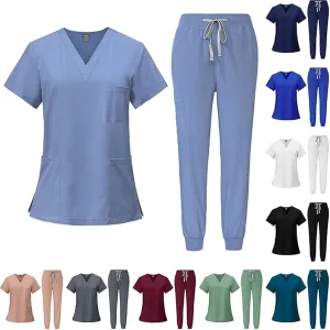 Scrubs for Women Set Stretch V-Neck Scrub Tops & Cargo Pant Quick Drying Solid Medical Nurse Uniform with Pockets