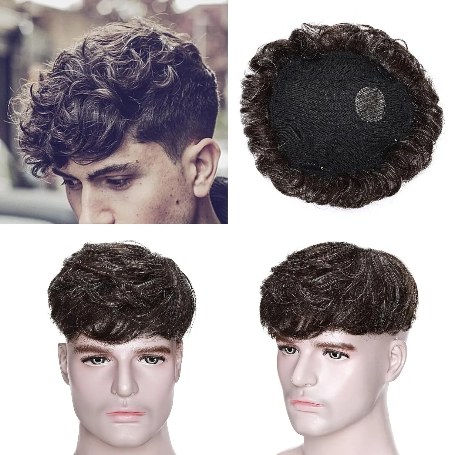 SEGO Men's Toupee Human Hair Topper for Women With Short Hair 150% Density 16x19cm Mono Base Real Human Hair 4 Inch Short Curly Hairpiece Replacement Wig -Medium Brown mix White